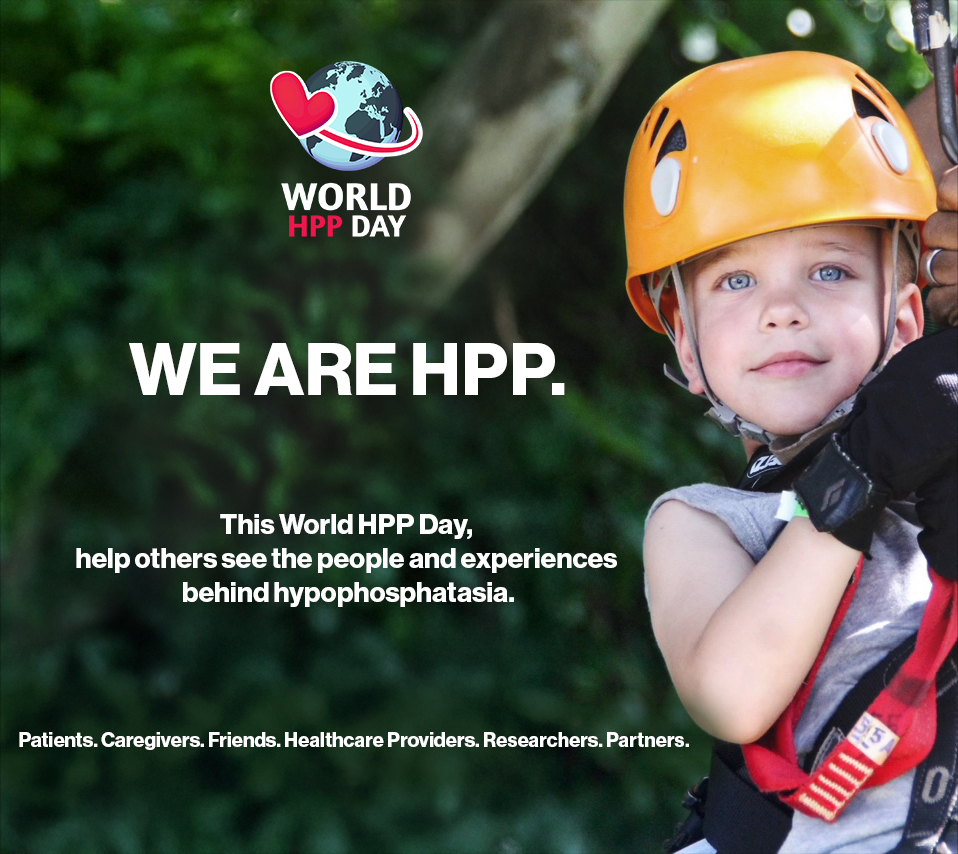 A child wearing an orange climbing helmet, with the World HPP Day logo and the words We Are HPP.